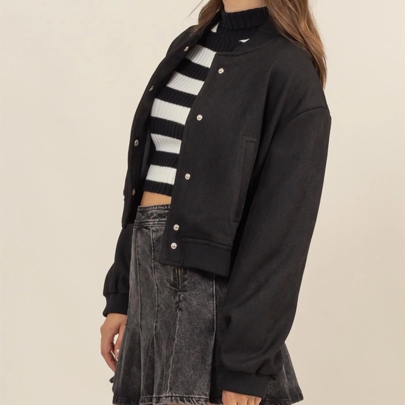 Hyfve Button-Up Black Bomber Jacket With Ribbed Cuffs - Picture 4 of 4